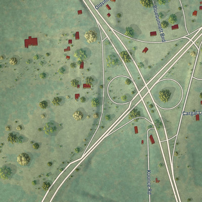 Close-up of the map of Redfield, Texas print showing street and building detail