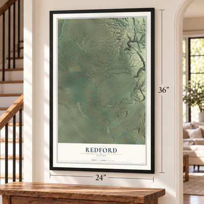 Redford, Texas map, 24 x 36 inch print in a black frame by a staircase