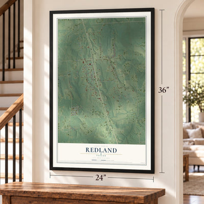 Redland, Texas map, 24 x 36 inch print in a black frame by a staircase