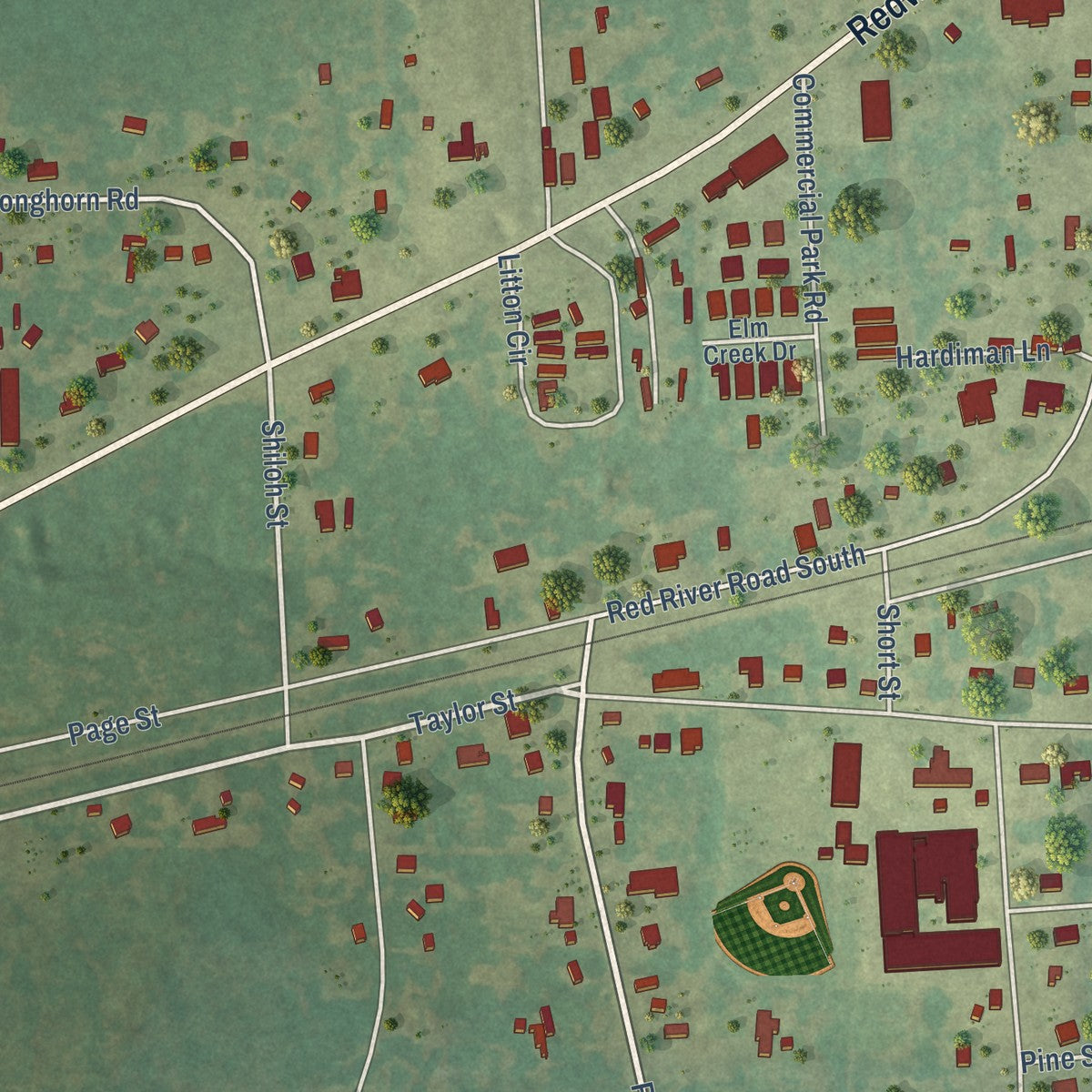 Close-up of the map of Redwater, Texas print showing street and building detail