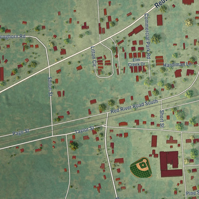 Close-up of the map of Redwater, Texas print showing street and building detail