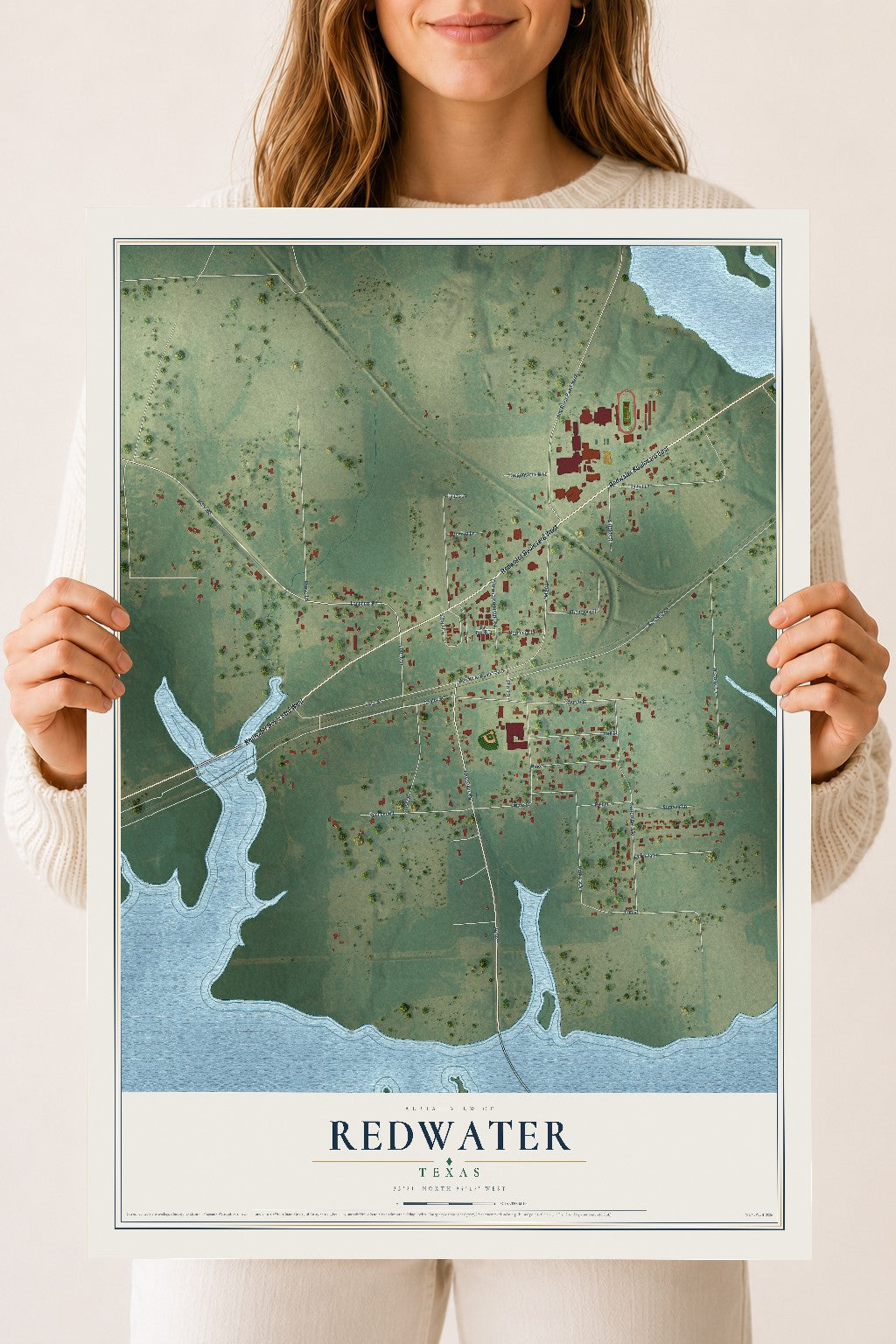 Map of Redwater, Texas, 18 x 24 inch unframed archival matte print