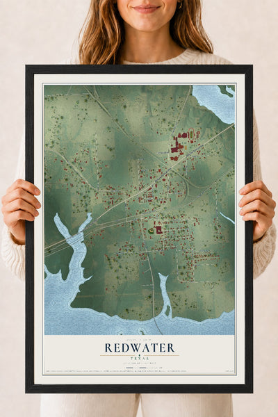 Map of Redwater, Texas, 18 x 24 inch print in a black wood frame