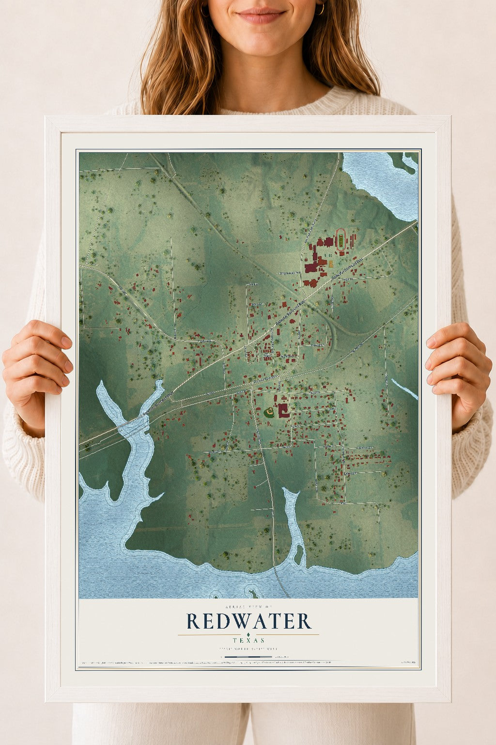 Map of Redwater, Texas, 18 x 24 inch print in a white wood frame