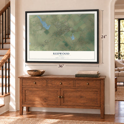 Redwood, Texas map, 24 x 36 inch print in a black frame above a dresser by a staircase