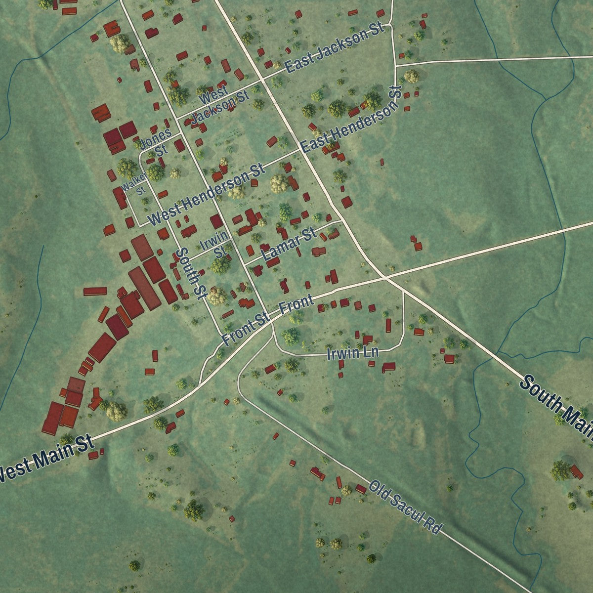 Close-up of the map of Reklaw, Texas print showing street and building detail