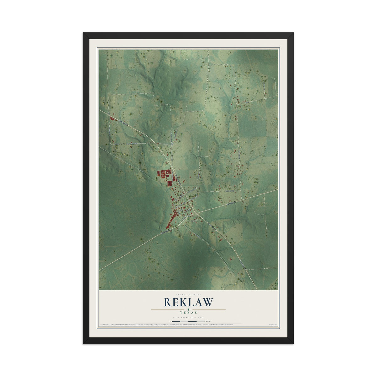 Map of Reklaw, Texas, 12 x 18 inch print in a black wood frame