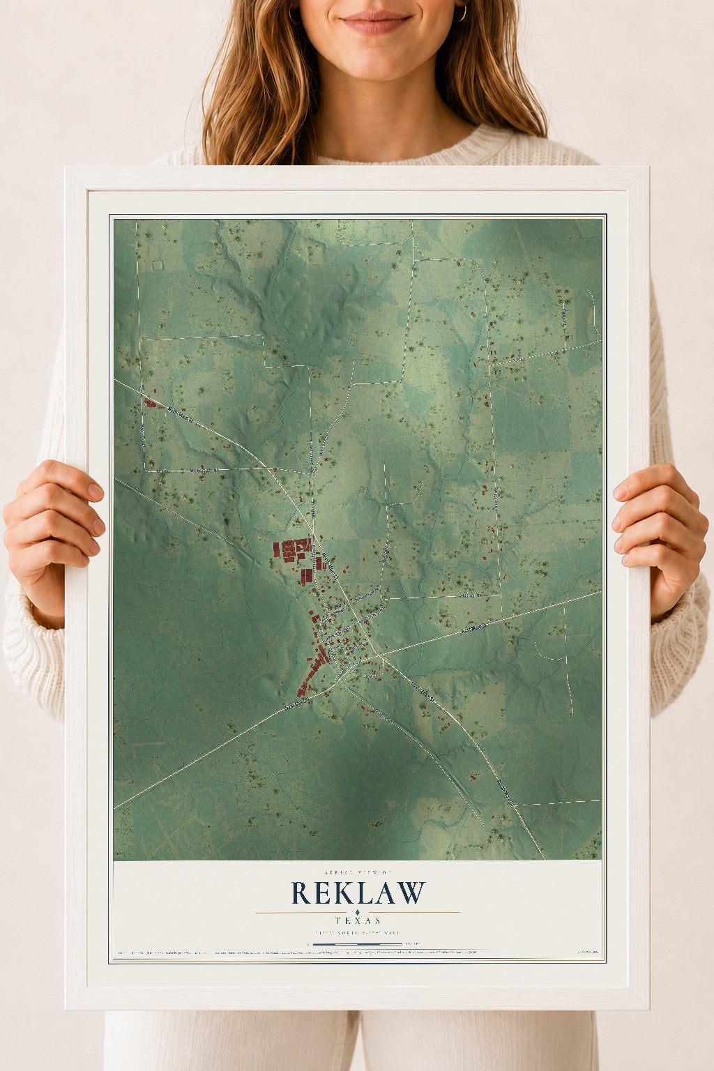 Map of Reklaw, Texas, 18 x 24 inch print in a white wood frame
