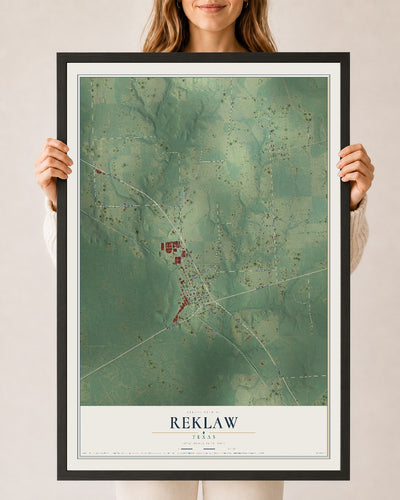 Map of Reklaw, Texas, 24 x 36 inch print in a black wood frame