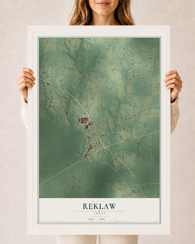 Map of Reklaw, Texas, 24 x 36 inch print in a white wood frame