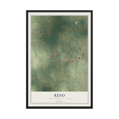 Map of Reno, Lamar County, Texas, 12 x 18 inch print in a black wood frame