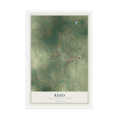 Map of Reno, Lamar County, Texas, 12 x 18 inch print in a white wood frame