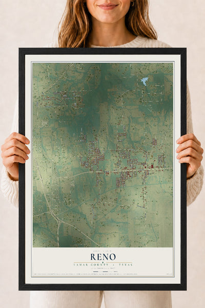 Map of Reno, Lamar County, Texas, 18 x 24 inch print in a black wood frame