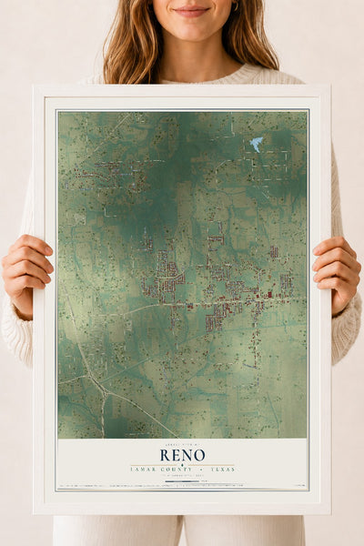 Map of Reno, Lamar County, Texas, 18 x 24 inch print in a white wood frame