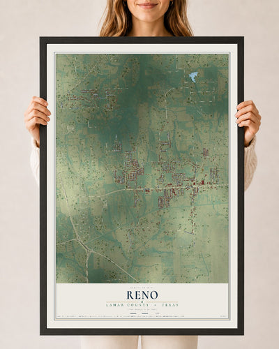 Map of Reno, Lamar County, Texas, 24 x 36 inch print in a black wood frame
