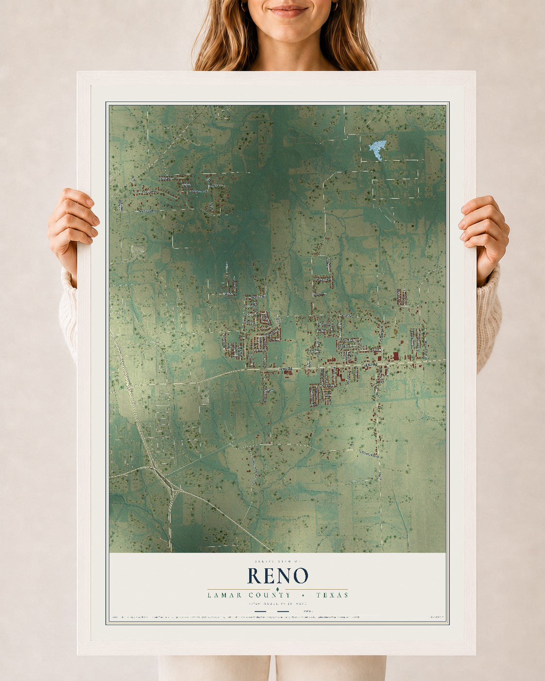 Map of Reno, Lamar County, Texas, 24 x 36 inch print in a white wood frame