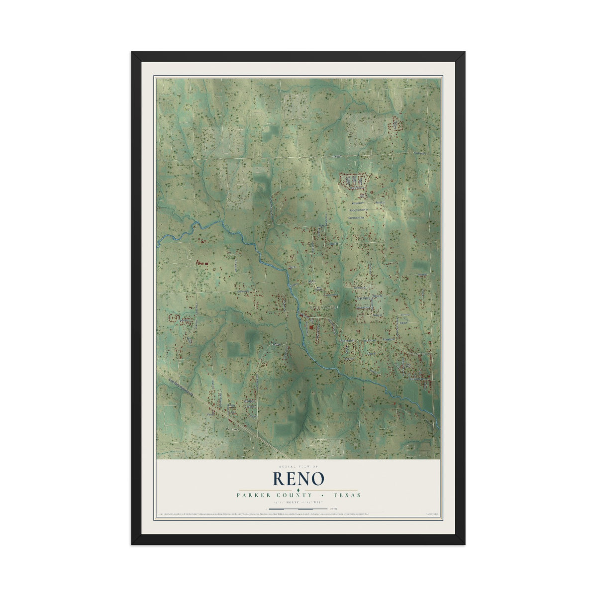 Map of Reno, Parker County, Texas, 12 x 18 inch print in a black wood frame