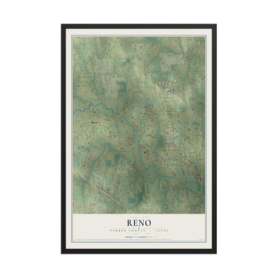 Map of Reno, Parker County, Texas, 12 x 18 inch print in a black wood frame