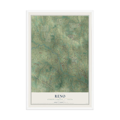 Map of Reno, Parker County, Texas, 12 x 18 inch print in a white wood frame