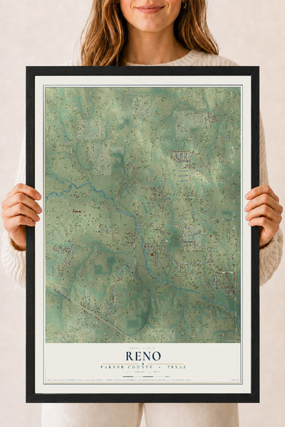 Map of Reno, Parker County, Texas, 18 x 24 inch print in a black wood frame