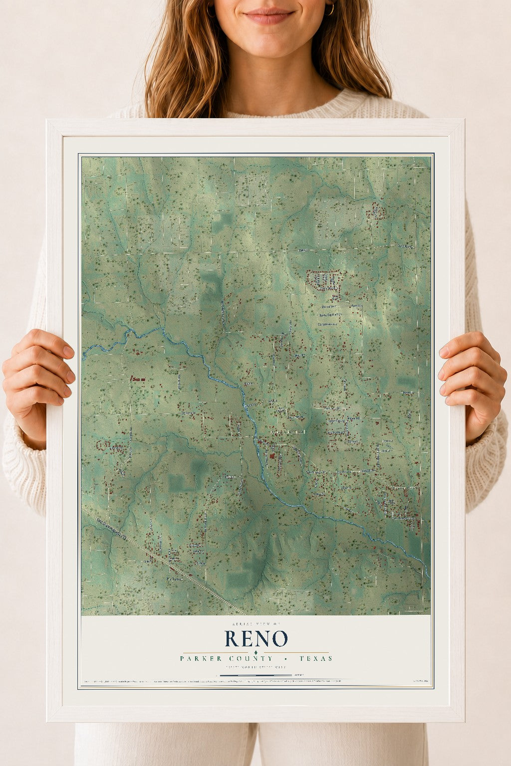 Map of Reno, Parker County, Texas, 18 x 24 inch print in a white wood frame