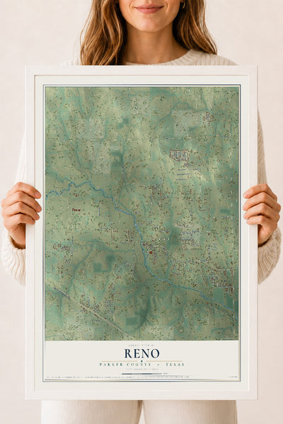 Map of Reno, Parker County, Texas, 18 x 24 inch print in a white wood frame