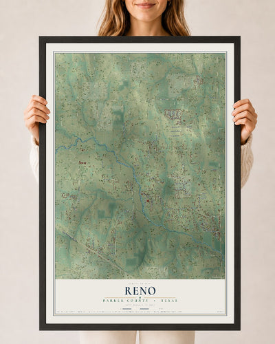 Map of Reno, Parker County, Texas, 24 x 36 inch print in a black wood frame
