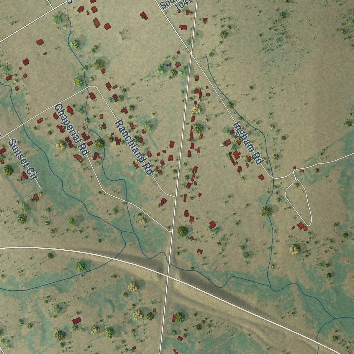 Close-up of the map of Retreat, Texas print showing street and building detail