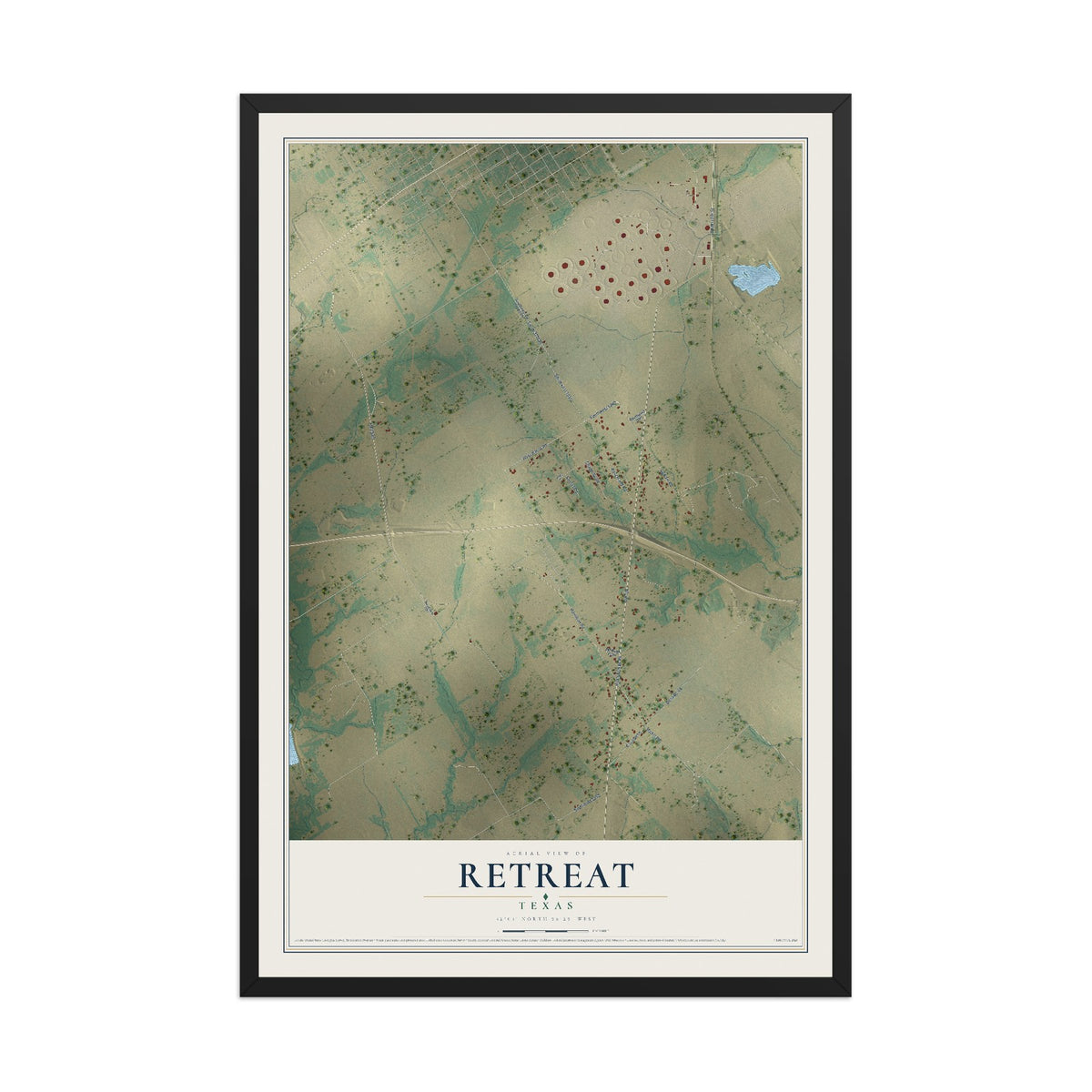Map of Retreat, Texas, 12 x 18 inch print in a black wood frame