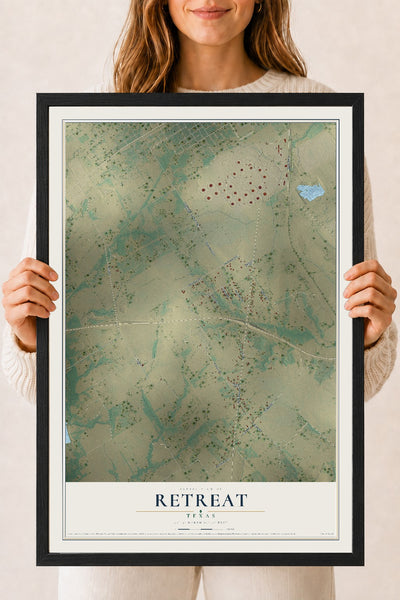 Map of Retreat, Texas, 18 x 24 inch print in a black wood frame