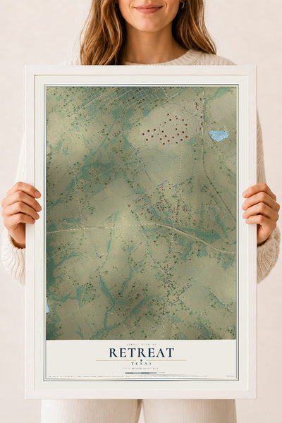 Map of Retreat, Texas, 18 x 24 inch print in a white wood frame