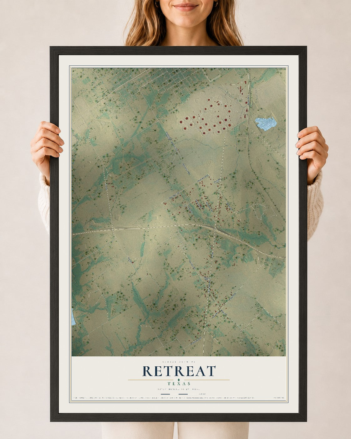 Map of Retreat, Texas, 24 x 36 inch print in a black wood frame
