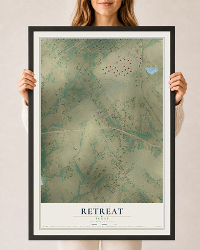 Map of Retreat, Texas, 24 x 36 inch print in a black wood frame