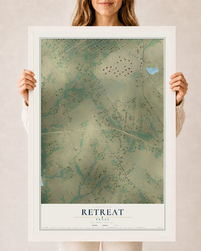 Map of Retreat, Texas, 24 x 36 inch print in a white wood frame