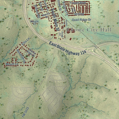 Close-up of the map of Rhome, Texas print showing street and building detail