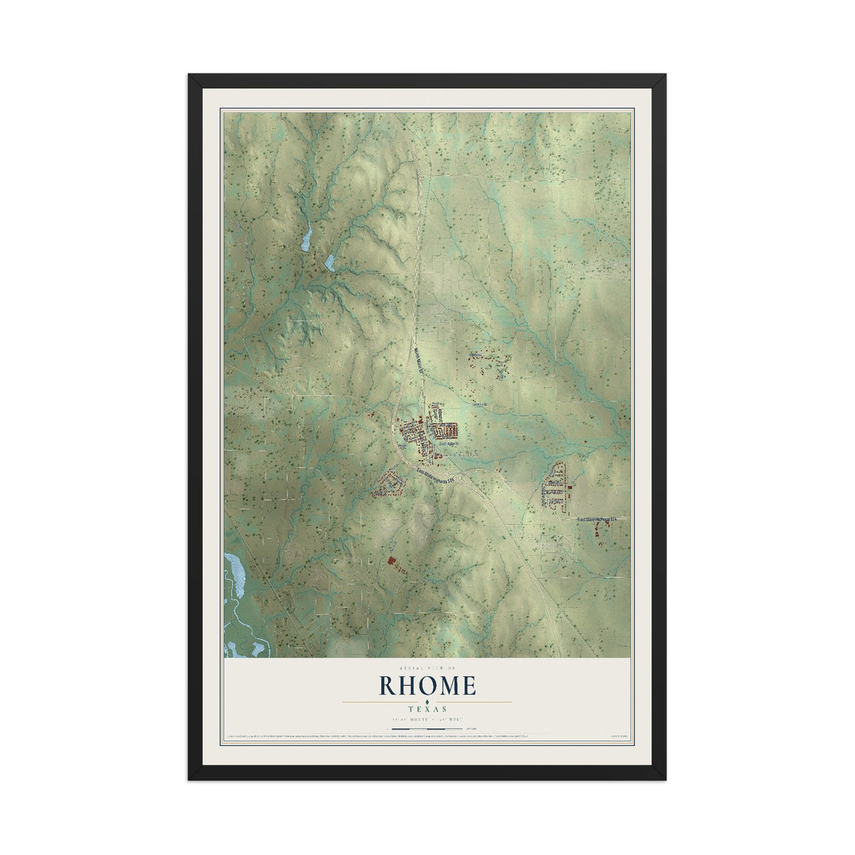 Map of Rhome, Texas, 12 x 18 inch print in a black wood frame