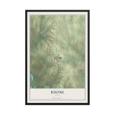 Map of Rhome, Texas, 12 x 18 inch print in a black wood frame