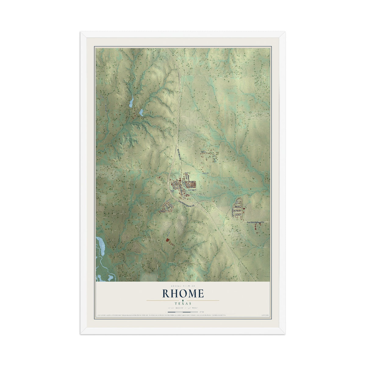 Map of Rhome, Texas, 12 x 18 inch print in a white wood frame