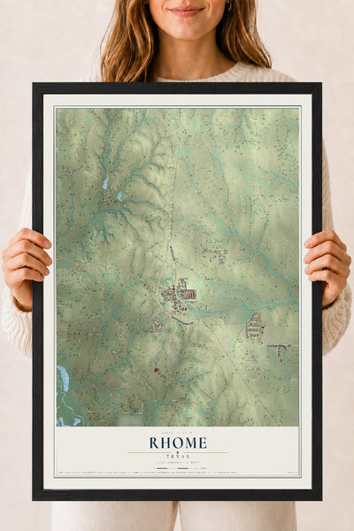 Map of Rhome, Texas, 18 x 24 inch print in a black wood frame