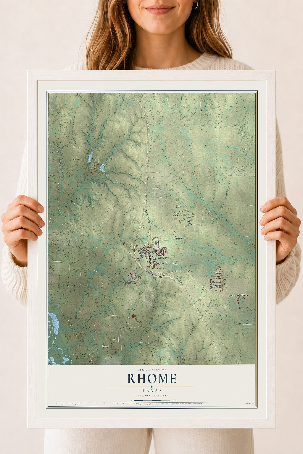 Map of Rhome, Texas, 18 x 24 inch print in a white wood frame