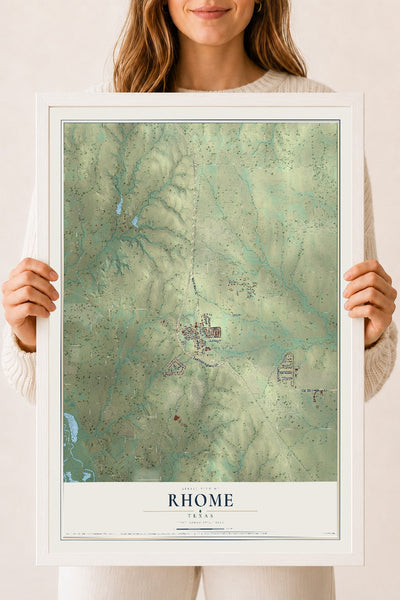 Map of Rhome, Texas, 18 x 24 inch print in a white wood frame