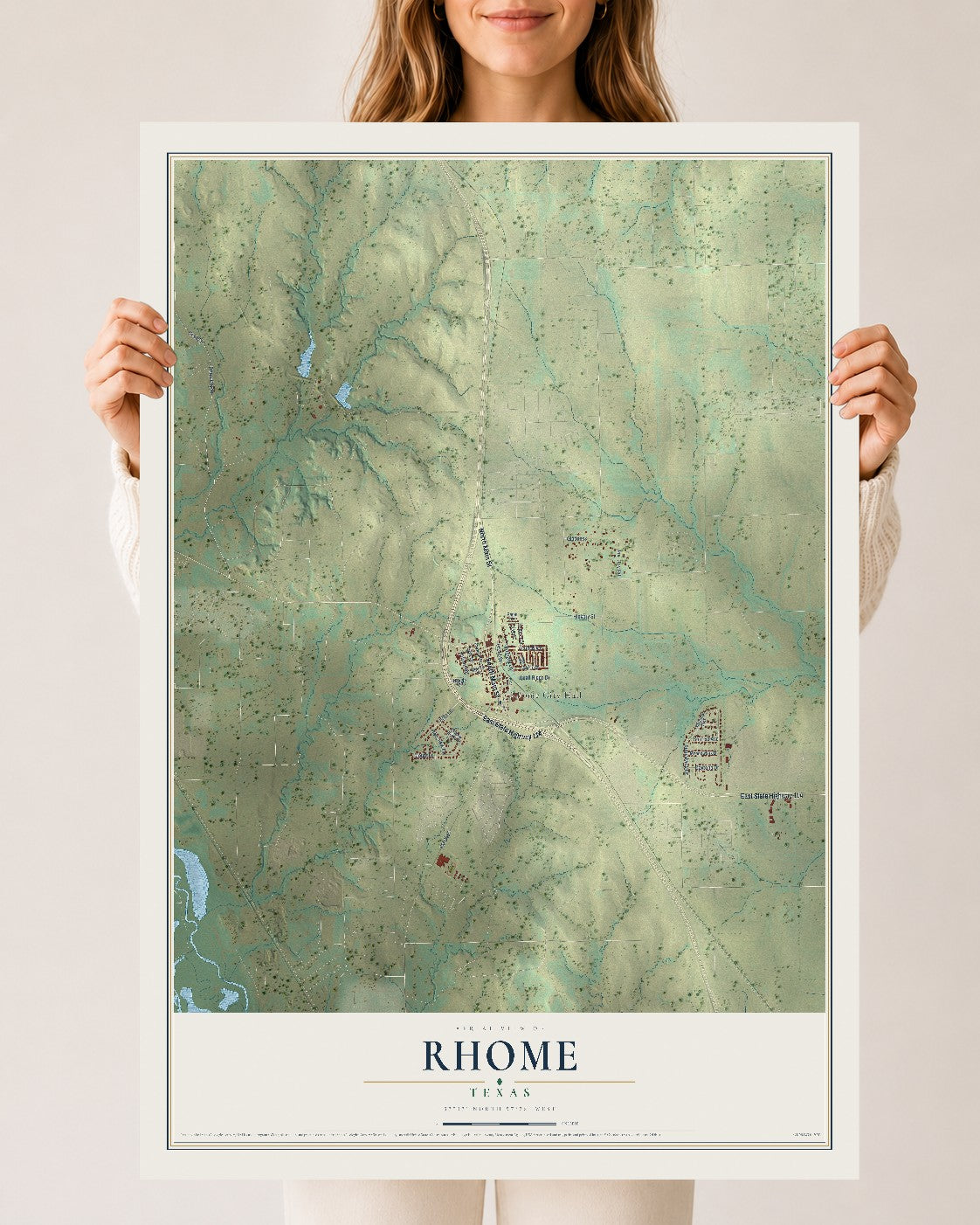 Map of Rhome, Texas, 24 x 36 inch unframed archival matte print