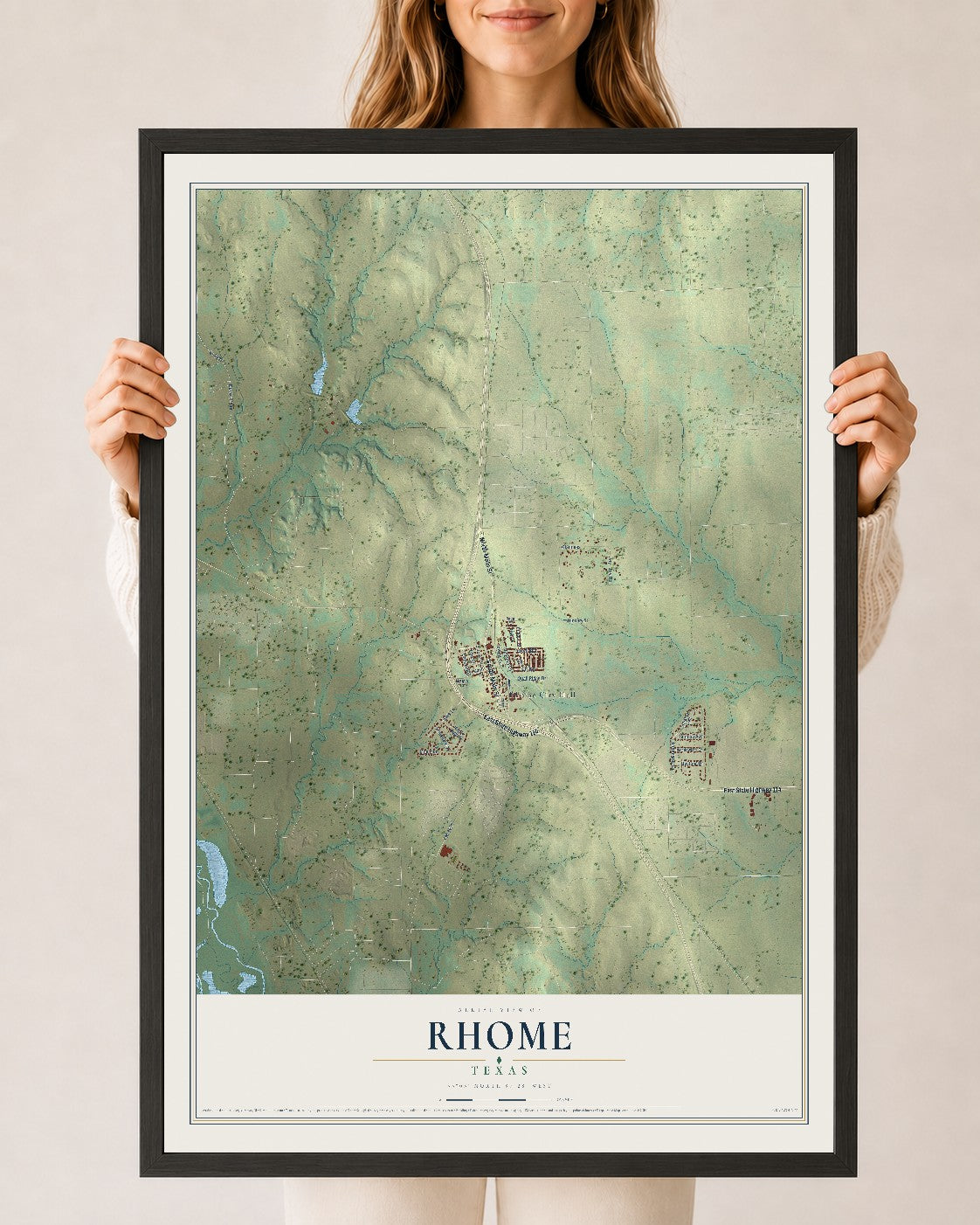 Map of Rhome, Texas, 24 x 36 inch print in a black wood frame