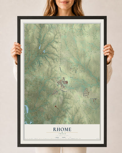 Map of Rhome, Texas, 24 x 36 inch print in a black wood frame