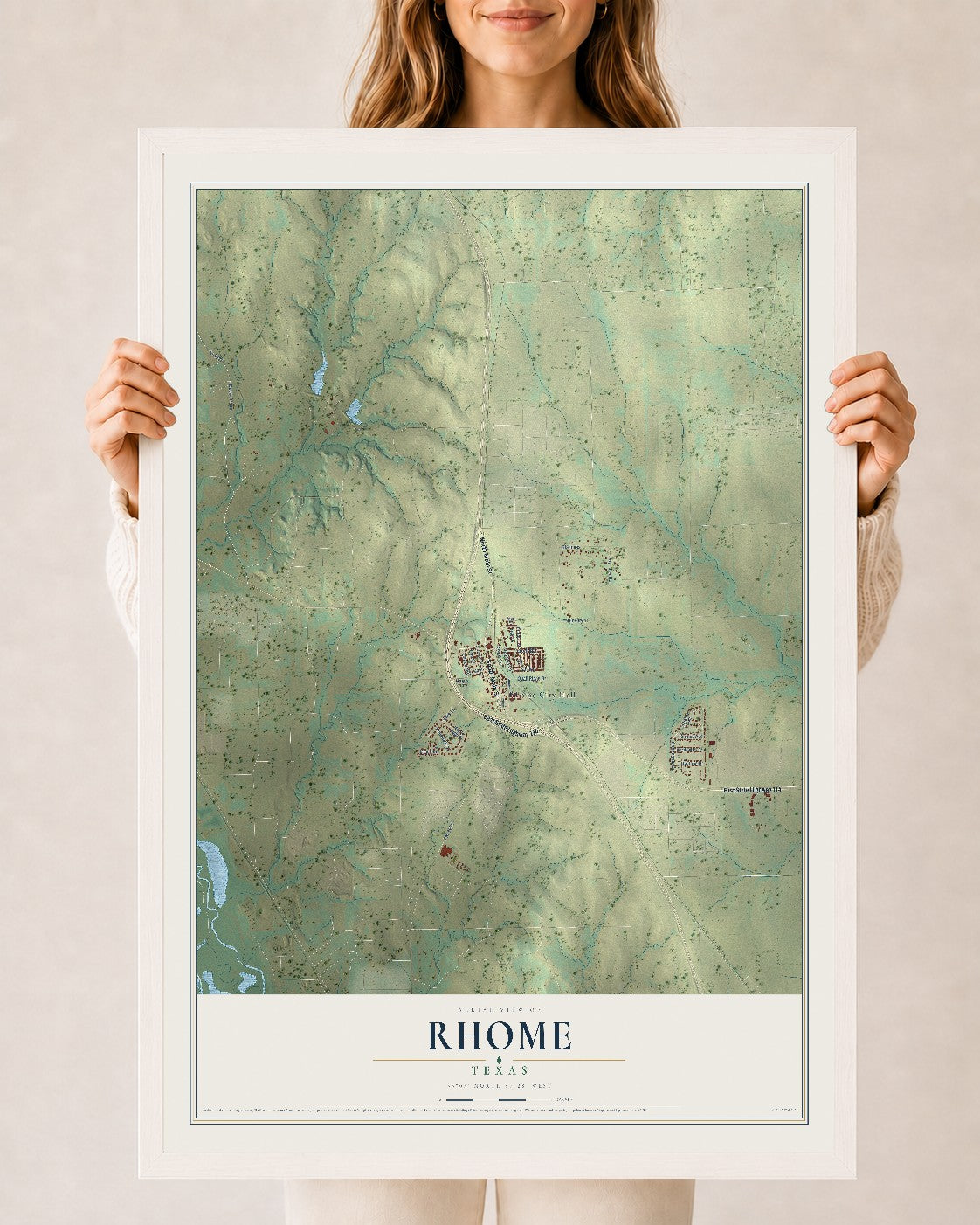 Map of Rhome, Texas, 24 x 36 inch print in a white wood frame