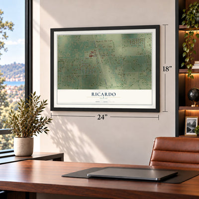 Ricardo, Texas map, 18 x 24 inch print in a black frame in a home office