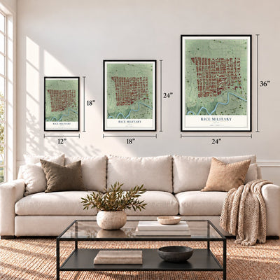 Rice Military, Texas map in 12 x 18, 18 x 24 and 24 x 36 inch sizes above a sofa