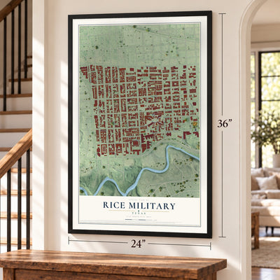 Rice Military, Texas map, 24 x 36 inch print in a black frame by a staircase