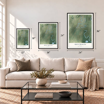 Rice Tracts, Texas map in 12 x 18, 18 x 24 and 24 x 36 inch sizes above a sofa