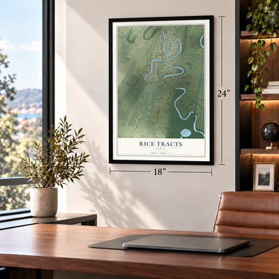Rice Tracts, Texas map, 18 x 24 inch print in a black frame in a home office